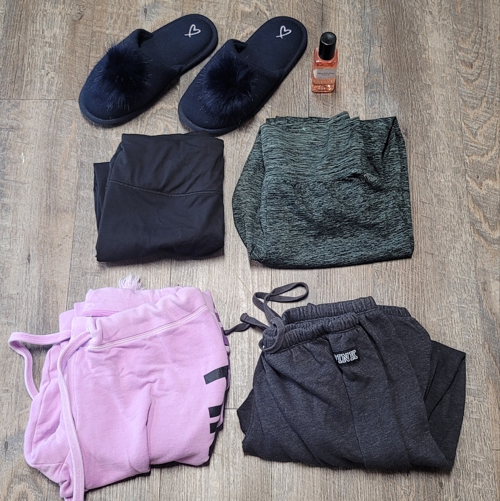 Ladies size small Victoria's Secret PINK pants, M slippers & Spray lot